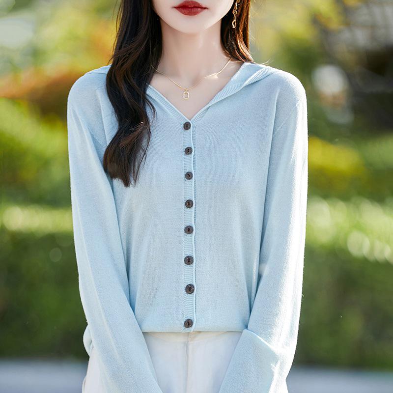Tencel Linen Hooded Knit Cardigan - Women's Long Sleeve Solid Color Loose Fit Top