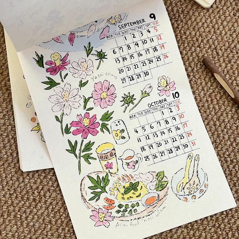 2027 Wall Hanging Calendar Pre-punched Holes Hand Drawn Afternoon Tea Floral Patterns for Home Use