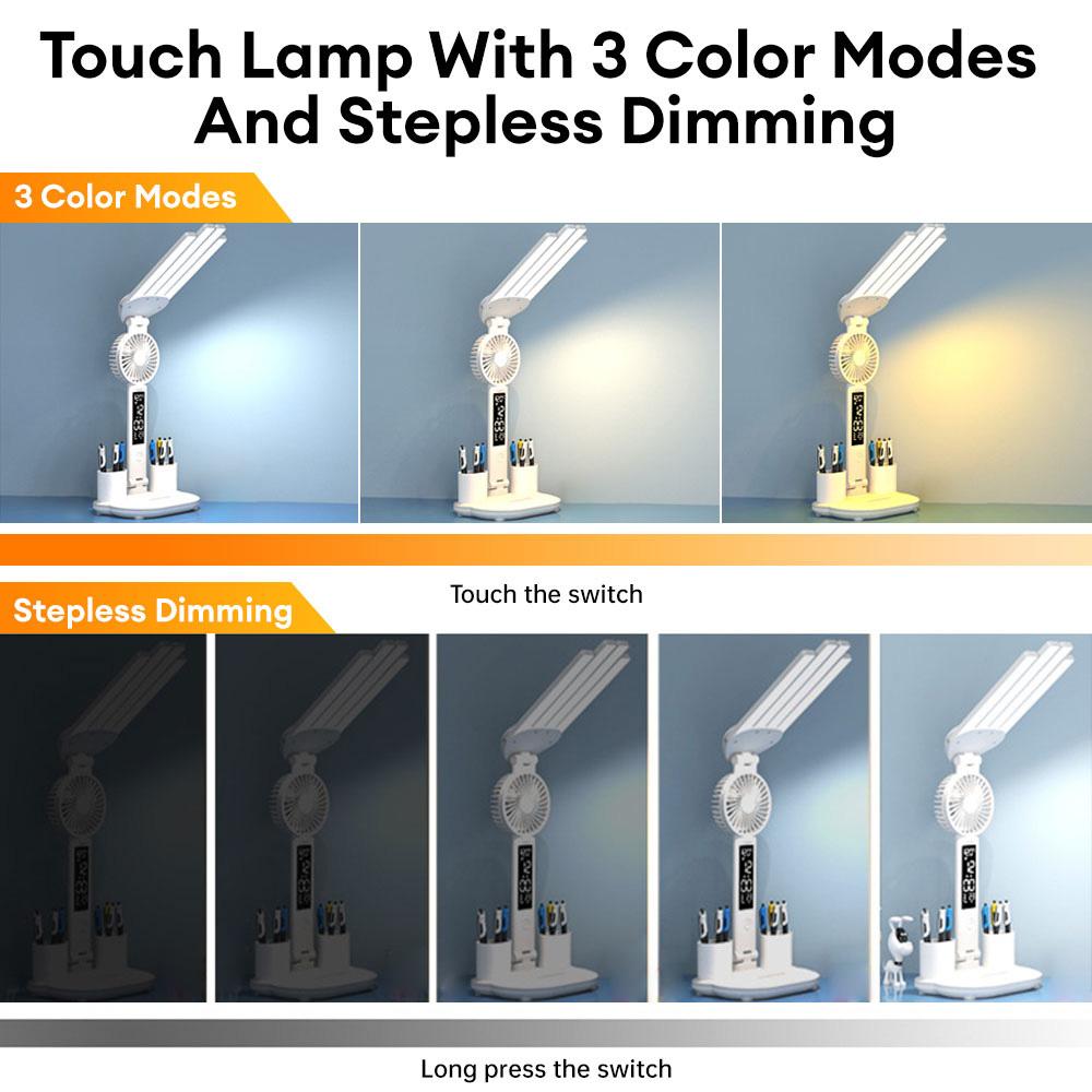 Multifunction Table Lamp LED Four-headed Folding With Fan Calendar Clock USB Rechargeable Desk Light Eye Protection Desk Lamp