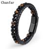 Natural Stone Bracelets Genuine Leather Braided Bracelet Black Stainless Steel Magnetic Clasp Tiger Eye Bead Bangles Men Jewelry