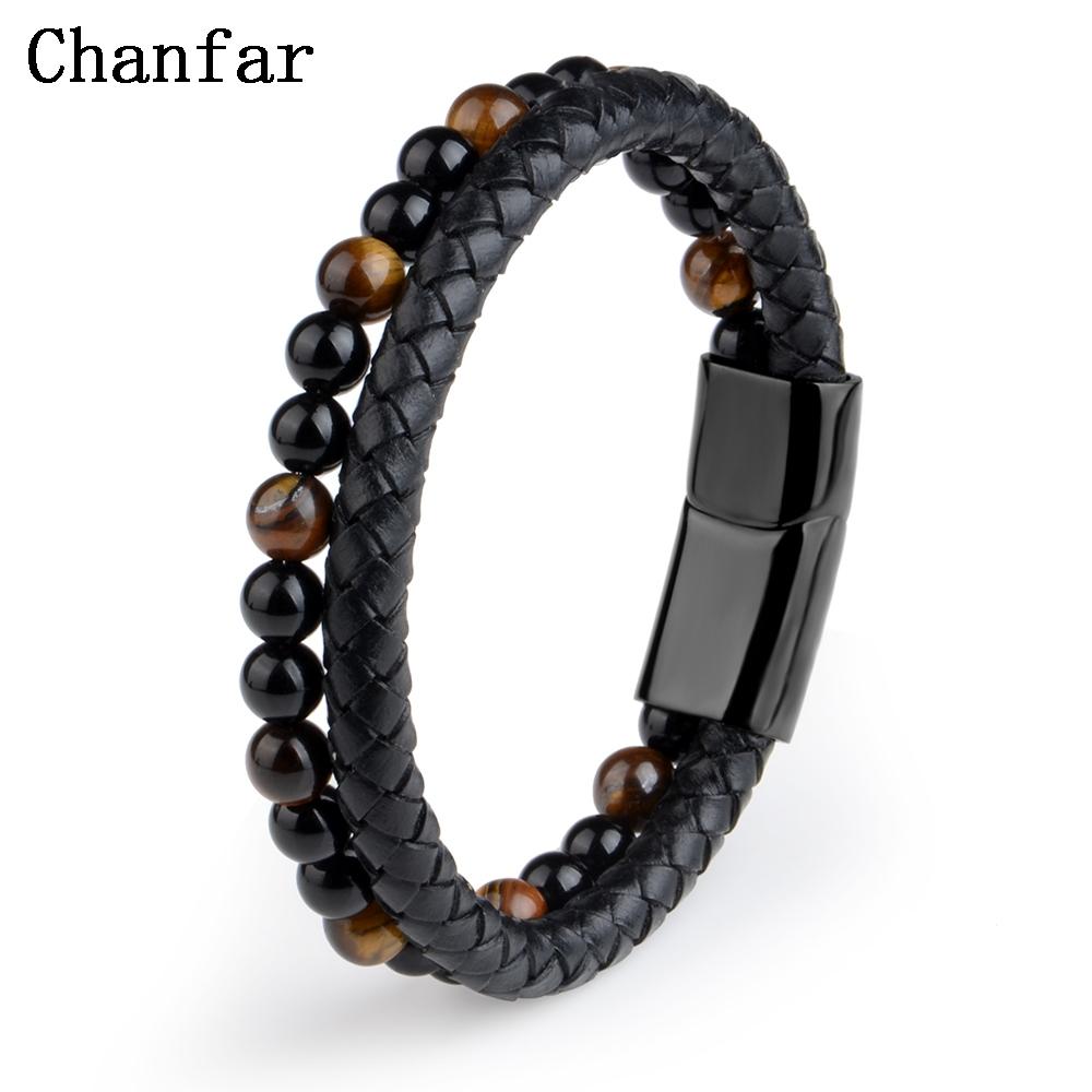 Natural Stone Bracelets Genuine Leather Braided Bracelet Black Stainless Steel Magnetic Clasp Tiger Eye Bead Bangles Men Jewelry