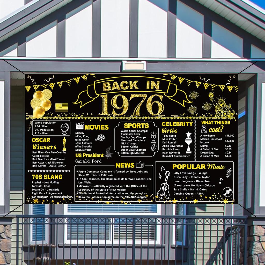 BEPAN 50th Birthday Black Gold Party Decoration, Back In 1976 Banner 50 Year Old Birthday Party Poster Supplies Vintage 1976 Backdrop