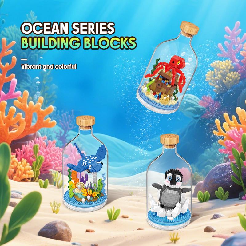 Non-Toxic New Product Simulation Animal Series Creative Children'S Toys Bottled Building Blocks Flamingo Seahorse Educational Gift Model