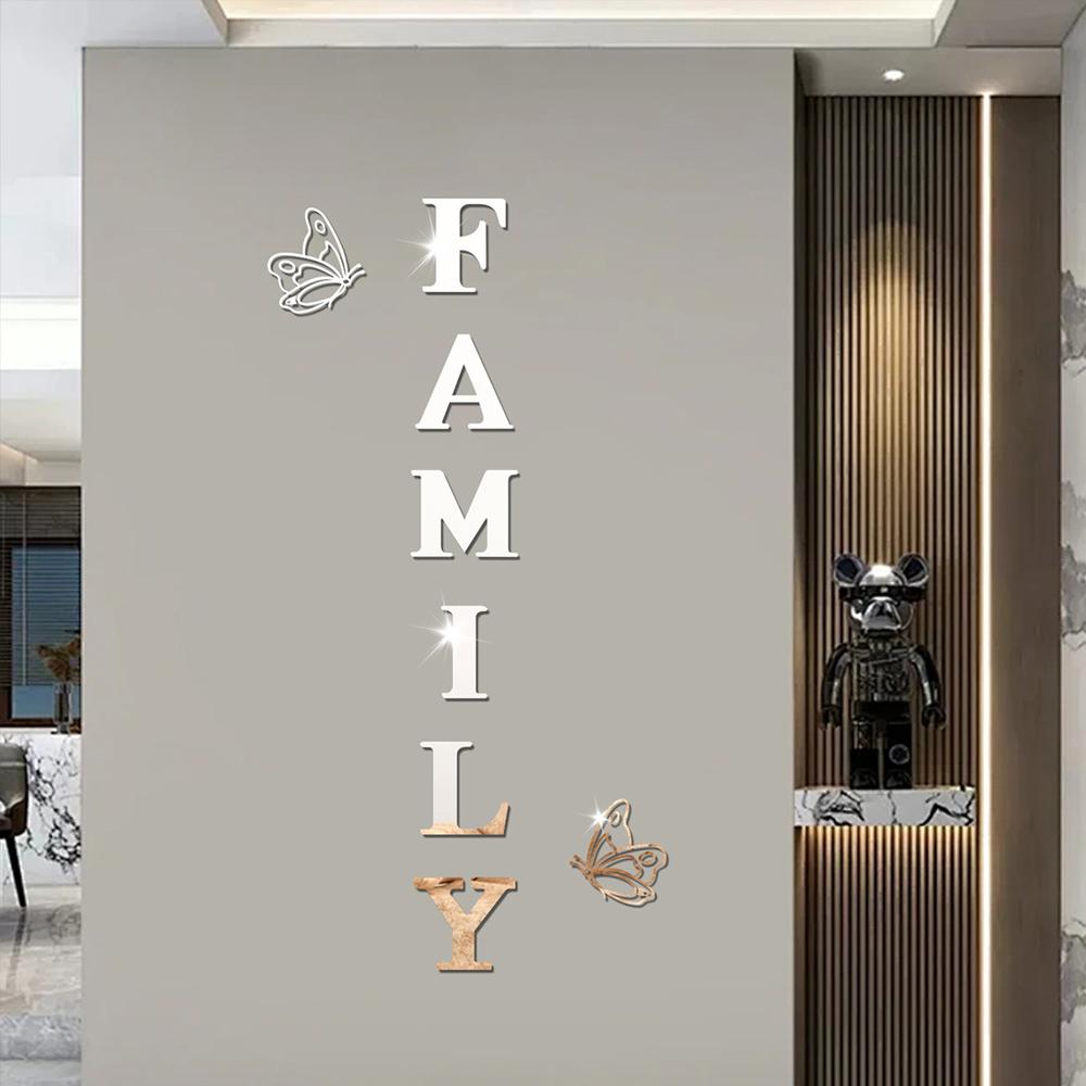 

Two butterflies English Letters Family 3D Mirror Wall Stickers Self-Adhesive DIY Acrylic Decals For Living Room Home Decoration Small