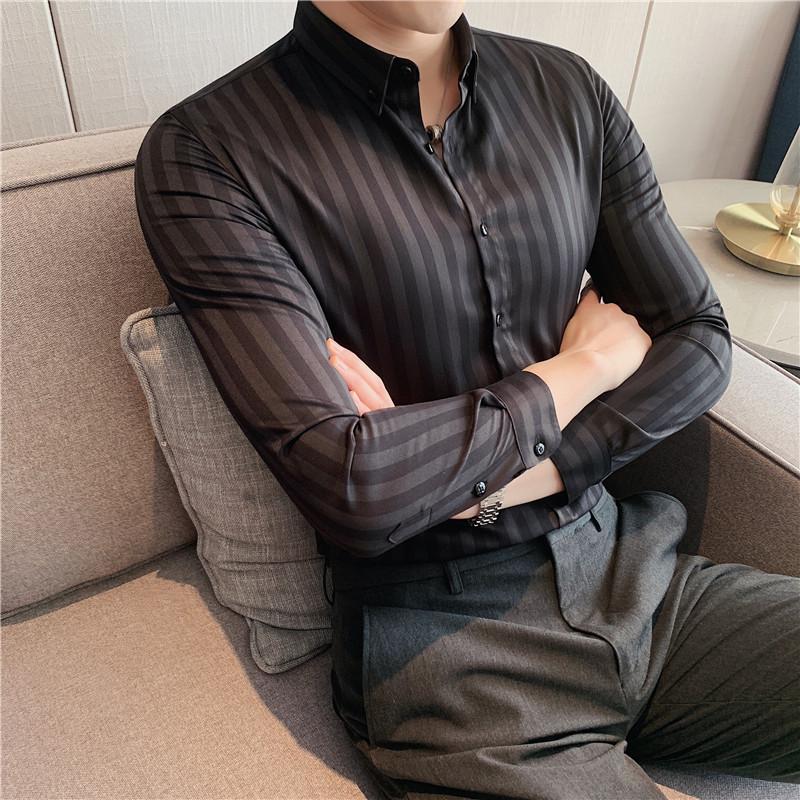 Frühling/Sommer Herren Slim Fit Gestreift Langarm Texturiertes Businesshemd