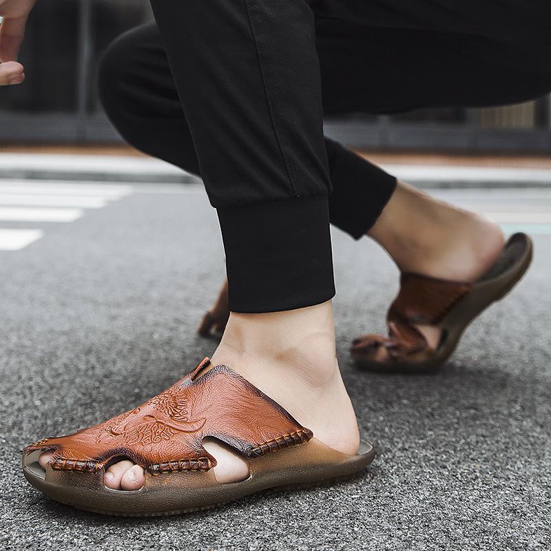 Summer Genuine Leather Men's Sandals Classic Breathable Slip-On Sandals Men Casual Beach Shoes Outdoor Slippers Plus Size2024