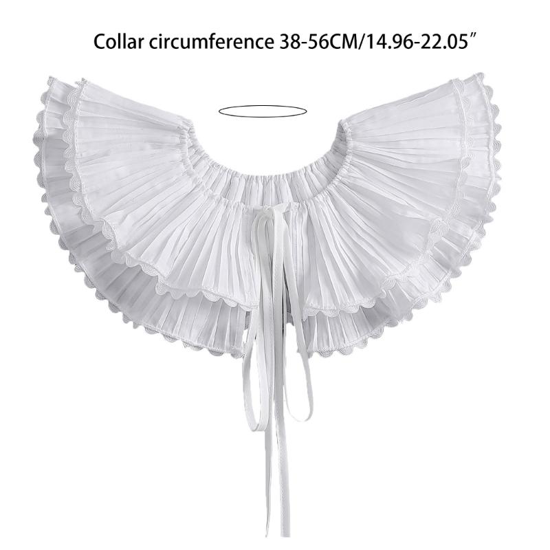 Korean Style Women Double Layer Pleated False Collar Shawl Scalloped Lace Trim White Half Shirt Lace-Up Poncho Capelet
