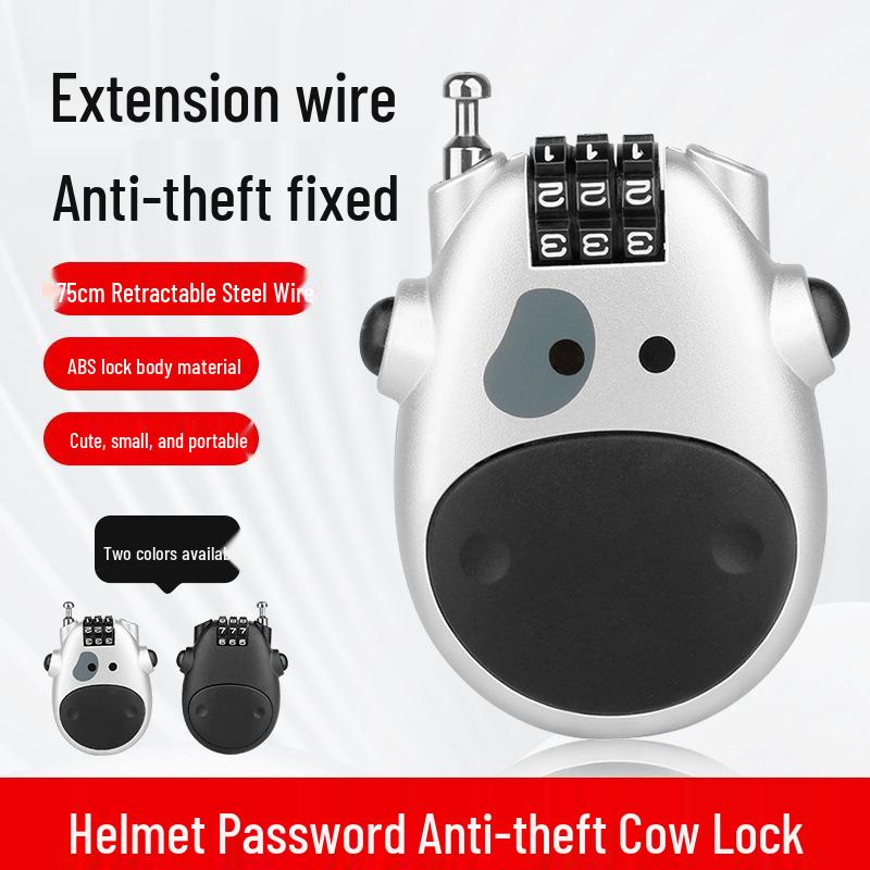 Anti-theft Cartoon Cow Combination Lock - Portable Motorcycle & Mountain Bike Helmet Retractable Steel Wire Lock