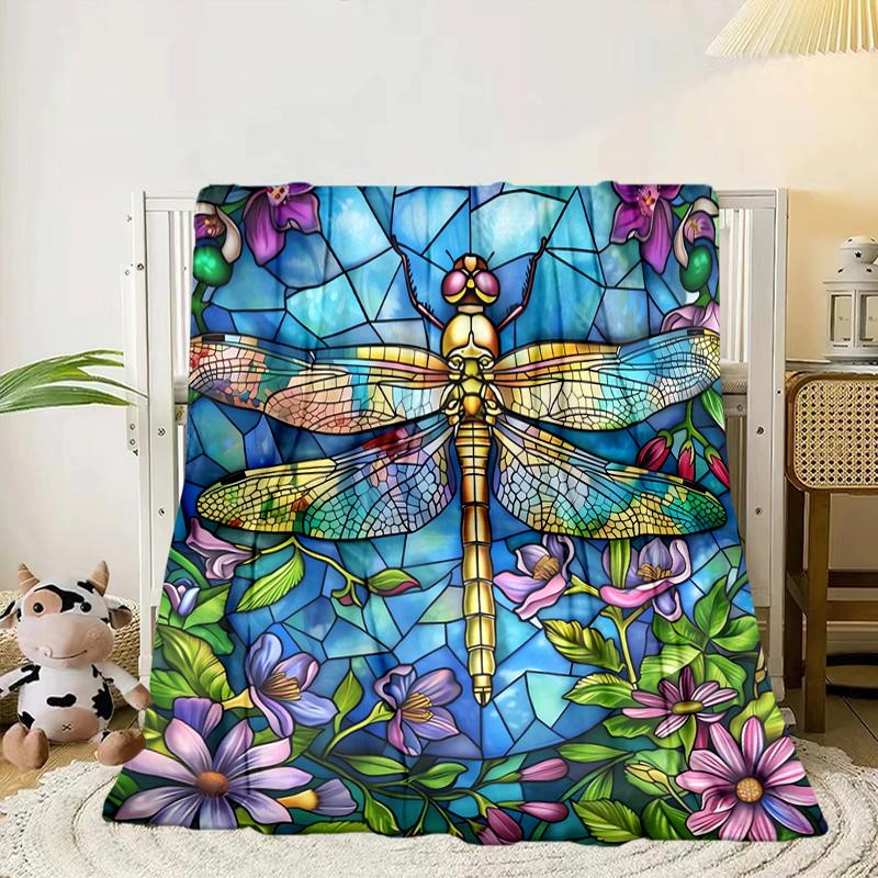 Stained Glass Dragonfly Garden Blanket Flannel Blanket for bed, sofa, Camping, Hiking, Picnic Essentials, gift for family Fan gifts
