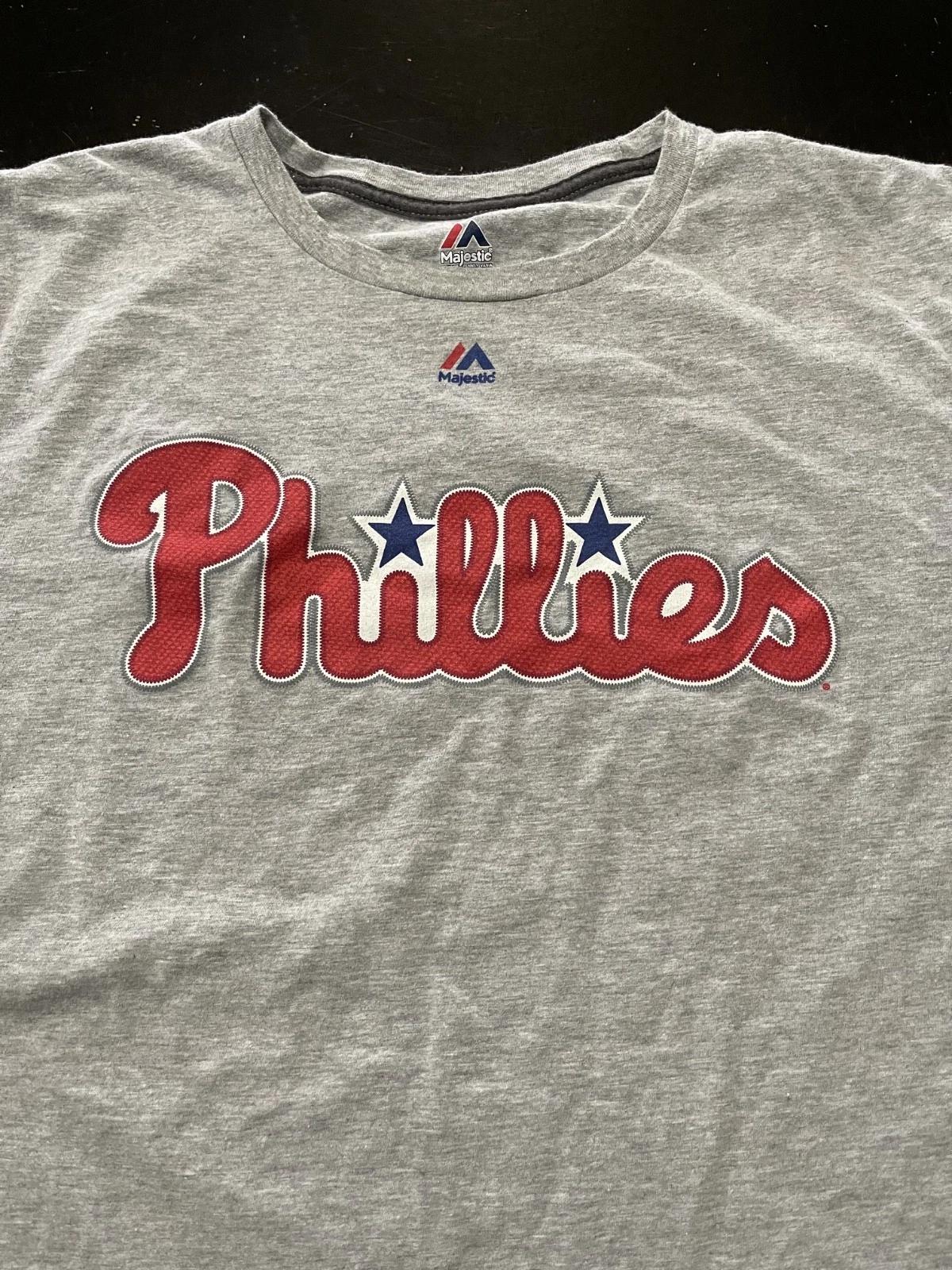 Philadelphia Phillies Spellout Logo Majestic T-Shirt, Gray, Size: 2XL XXL 2XL