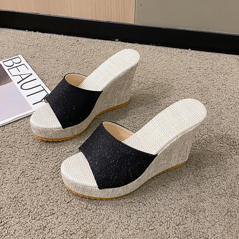 Wedge heel fish mouth large size slippers large size summer new thick bottom heightening cloth surface cool slippers women