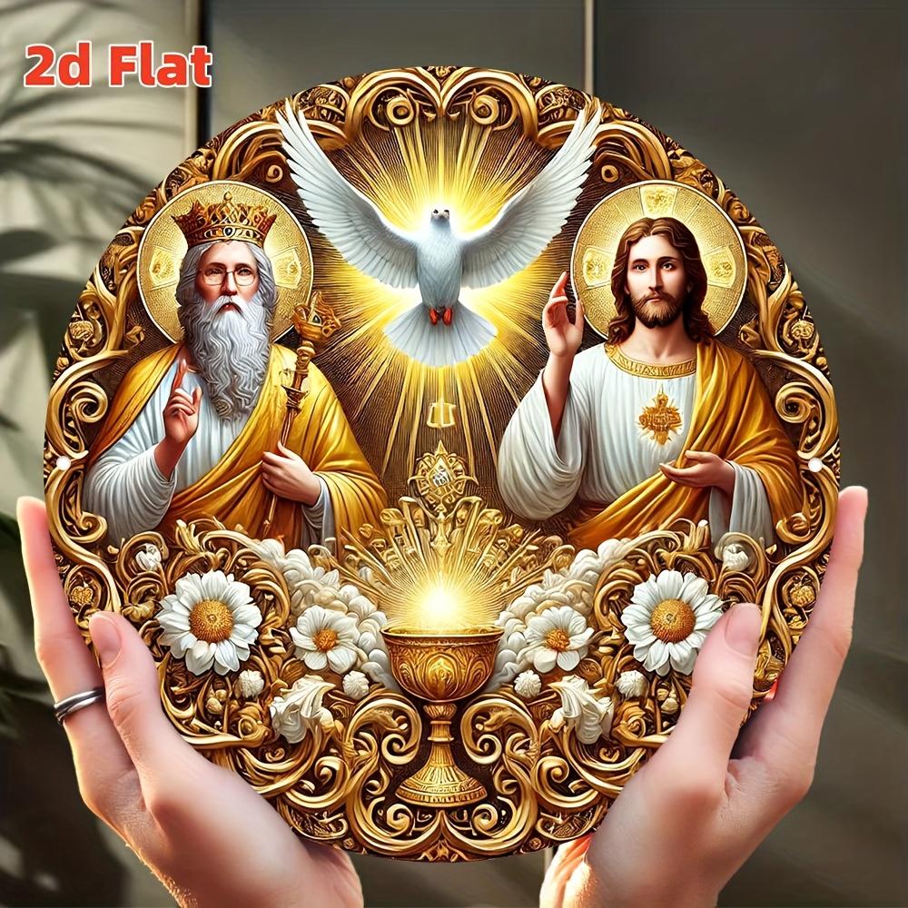 Holy Trinity Father Son Holy Spirit Dove Chalice Floral Tin Sign Vintage Durable Metal Plaque Wall Decor Religious Christian 20x20cm(8x8inch)