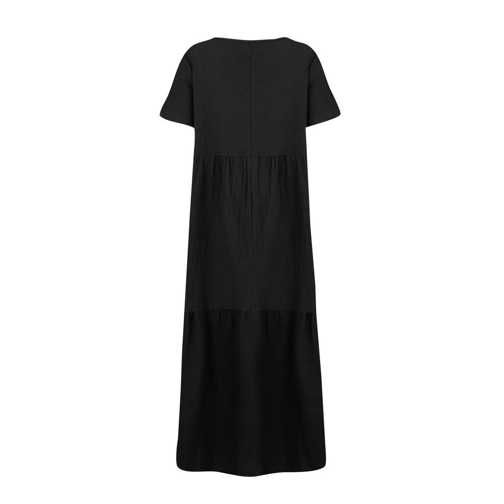 Women's Fashion V-Neck Color Loose Long Big Swing Short Sleeve Dresses