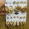 Retro Gold French Geometric Pearl Stud Earrings - 6 Piece Set