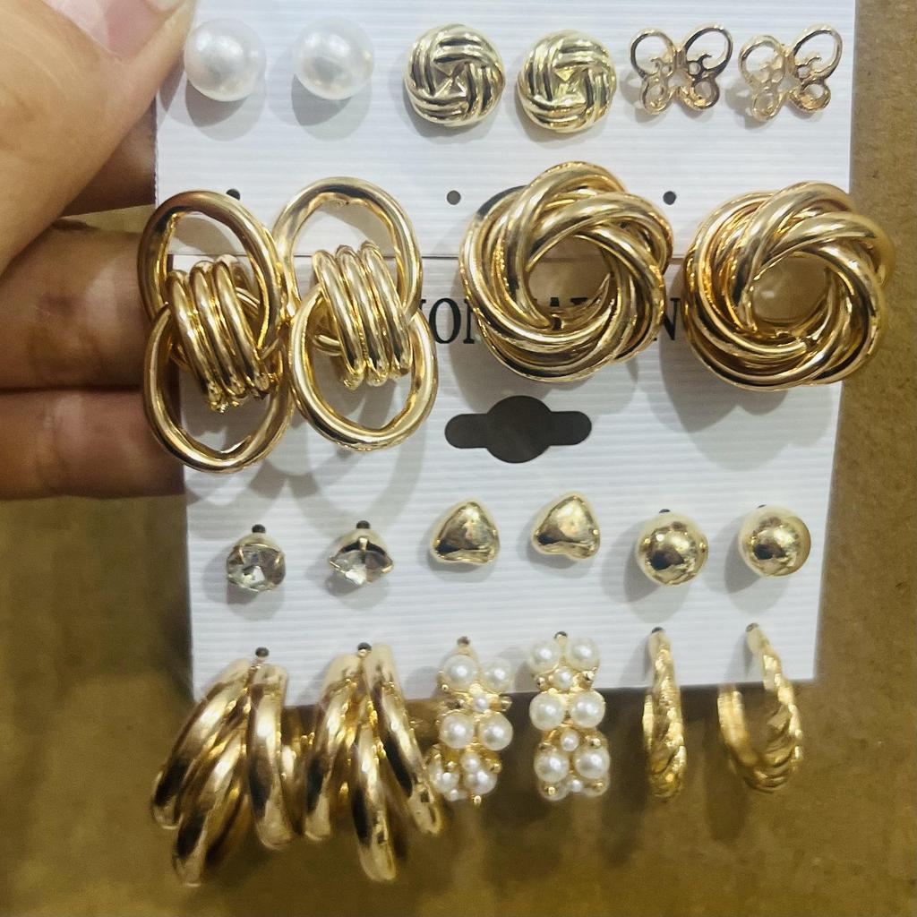 Retro Gold French Geometric Pearl Stud Earrings - 6 Piece Set