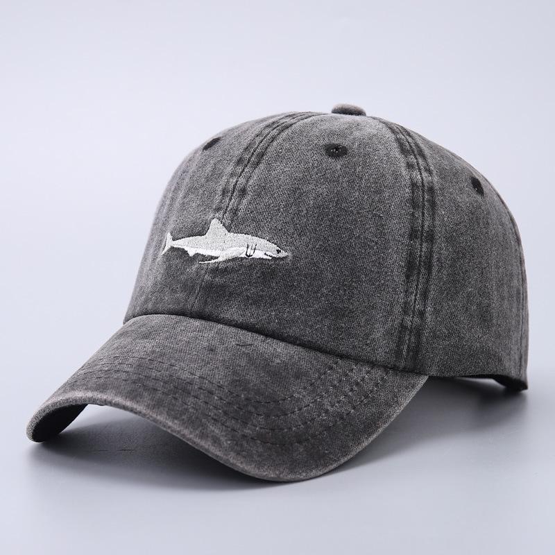 Shark Embroidered Baseball Cap Simple Solid Color Curved Brim Denim Washed Cap Batch
