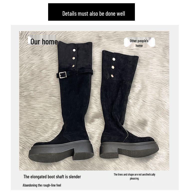 Women's 2025 Aut/Win Thick-Soled Over-the-Knee Foldable Knight Boots - Chunky Heel in Black/Khaki