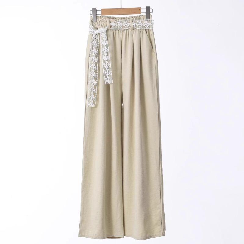 Lace belt wide-leg pants high-end loose and thin casual pants temperament versatile solid color floor-mopping straight-leg pants