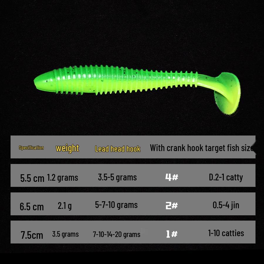 T-Tail Soft Bait Lure: Artificial Worm with Lead Head Hook for Long Cast Bass Fishing, Drop Shot T-Tail Design.