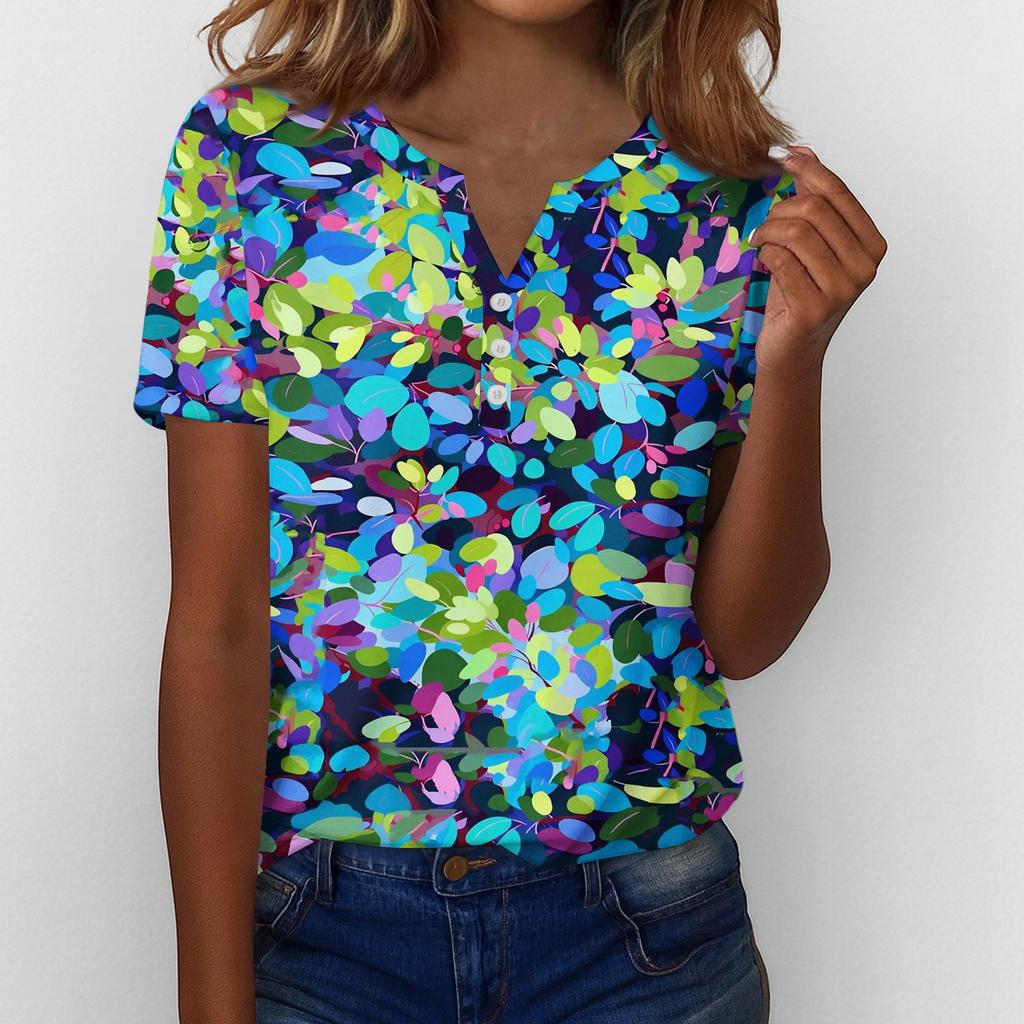 Henley Shirts for Women Womens V Neck Tops Short Sleeve Tops for Women Women Summer Tops Floral Print Casual Blouse