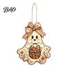 Indoor Wall Hanging Ornament Cute Bow Ghost Sign, Rustic Retro Floral Door Sign with Pumpkin Decoration Basket, Vintage Halloween Wooden Pendant