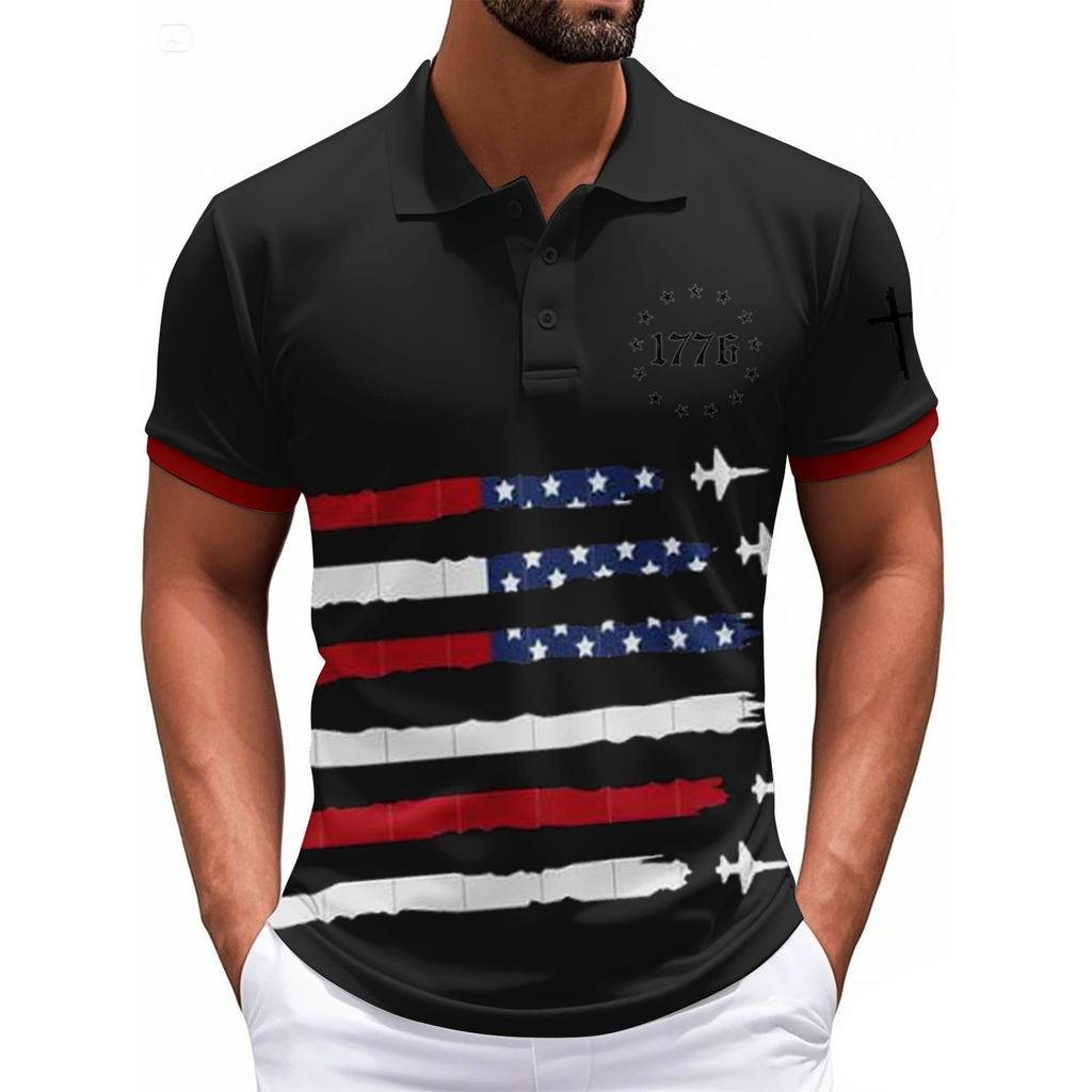 Fashionable Men's Casual Independence Day Printed Neck Short Sleeve Top