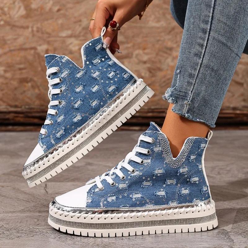 Women's Sports Shoes Casual Platform High-top Canvas Shoes Autumn Chic V Neck Rhineste Sewing Lace-up Girl's Sneakers Fashi