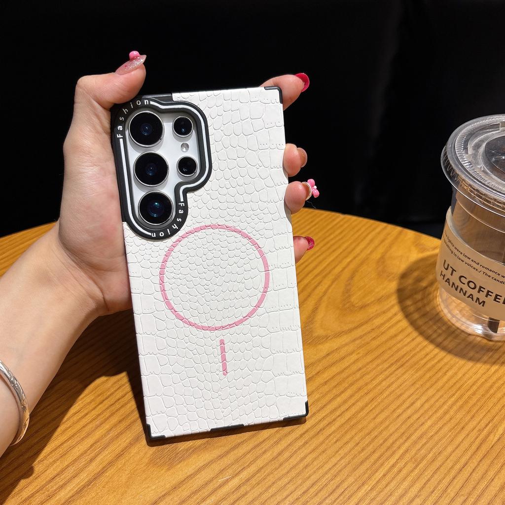 Crocodile Grain Leather Shockproof Magnetic ForMagsafe Case Samsung S25 S24 S23 Plus Ultra Business Lens Protection Phone Cover