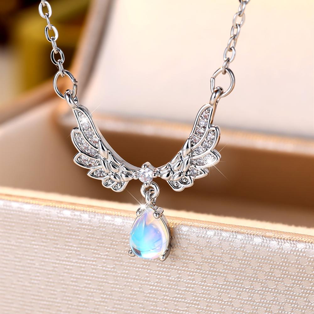 Trendy Silver Color Shiny Zircon Angel Wings Water Drop Pendant Necklaces For Women Wedding Jewelry Gifts