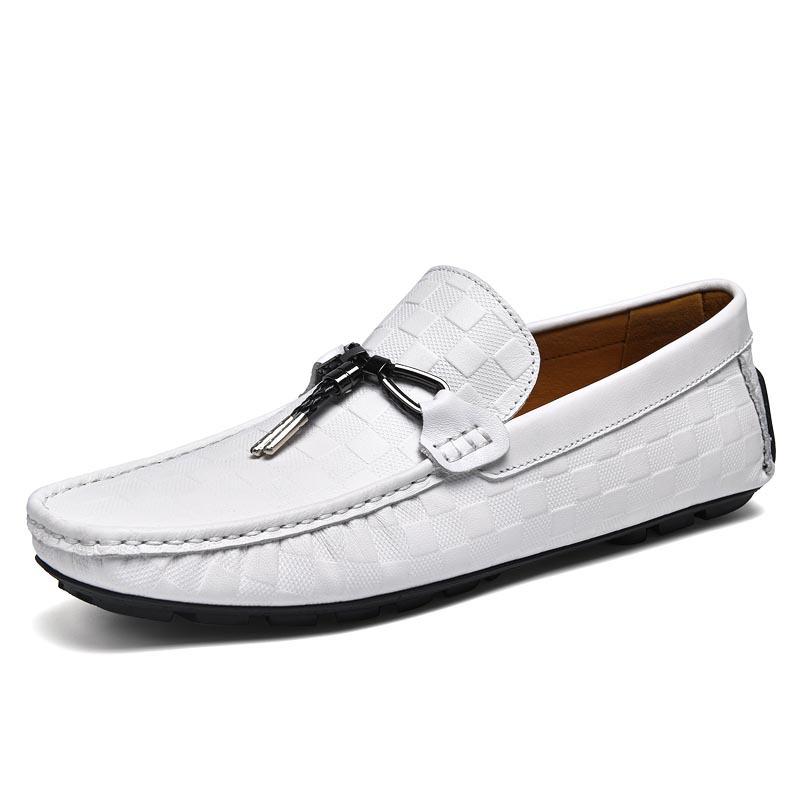 Men's Casual Spring Cowhide Slip-on Loafers, Embossed Leather Driving Shoes, Large Size