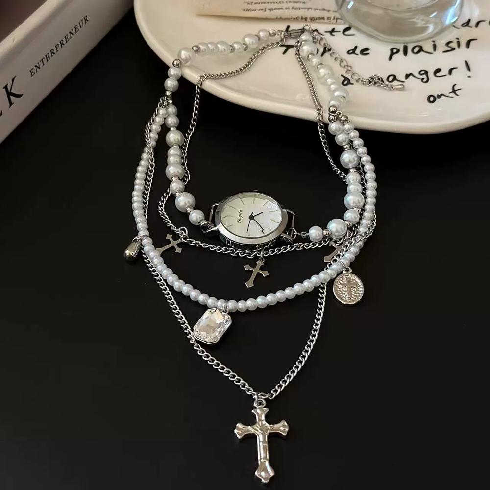 Fashion Multi-Layer Pearl Cross Watch Necklace Women's Tassel Rhinestone Personalized Retro Necklace Trendy Jewelry Accessories