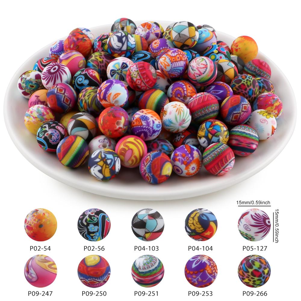 20Pcs/Bag 15MM Printed Silicone Beads Mixed For DIY Jewelry, Bracelets, Keychains, Etc