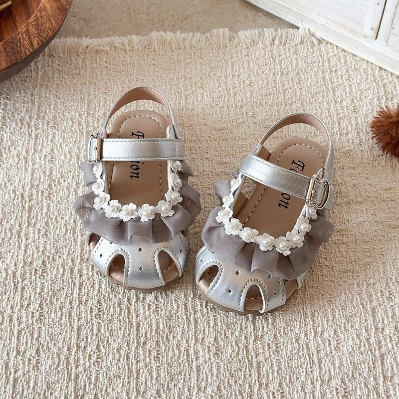 Pearl Princess Korean Style Lace Sandals for Girls - Summer Soft Sole 2026