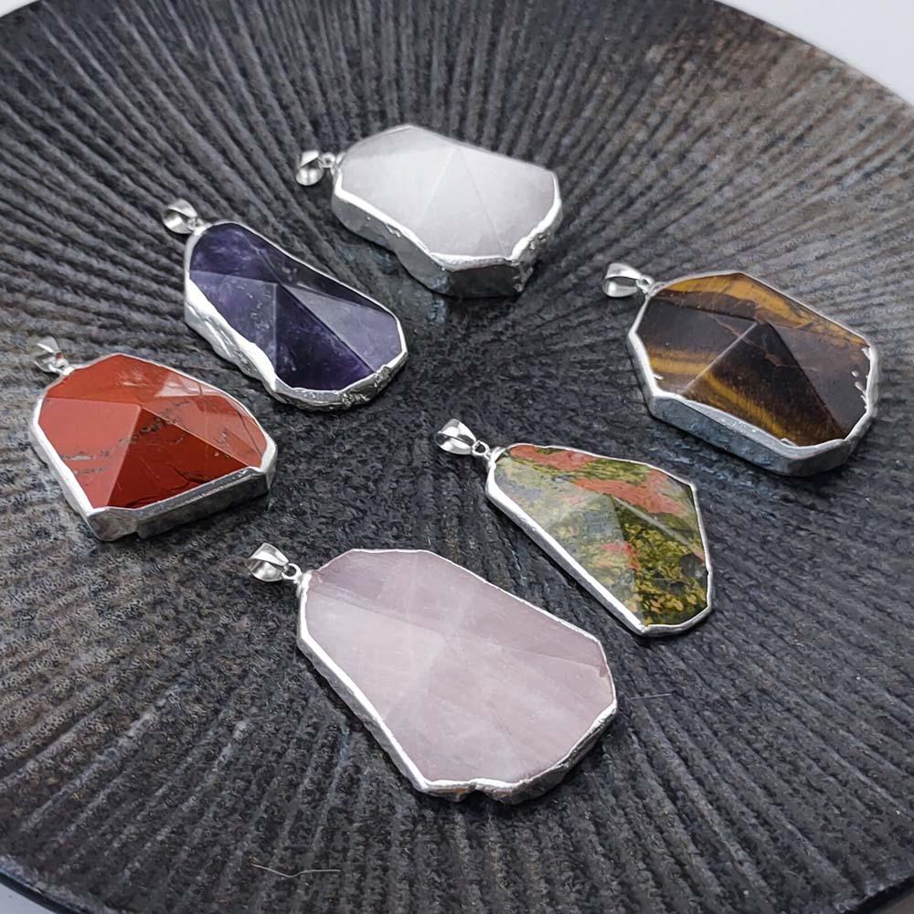Natural Pink and White Amethyst Tigereye Cut Pyramid Silver Pendant Red Jasper Unakite Irregular Necklace