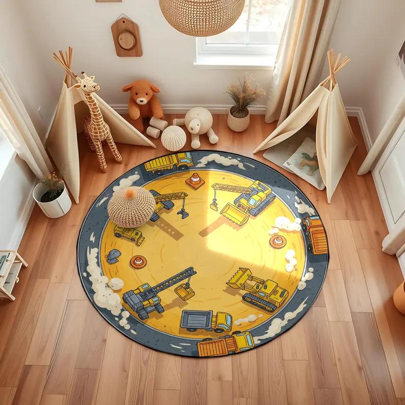 

Construction Vehicles Carpet Mat Rug Round Design Home Decoration Educational Kids Play Mat with Excavator Crane Work Zone 60cmx60cm