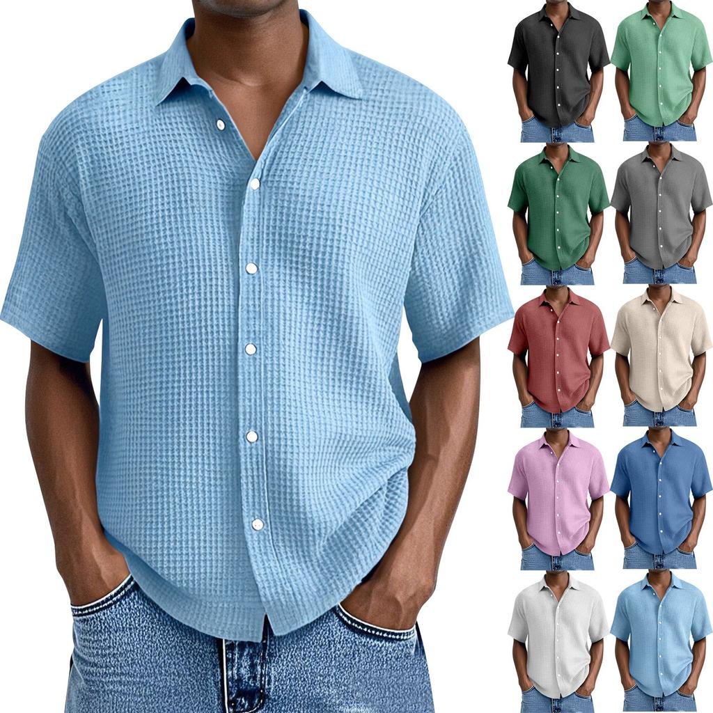 Men's Summer Solid Color Lapel Short-Sleeved Shirt Men's Casual Fashion Short-Sleeved Shirt