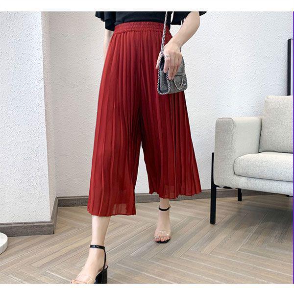 Chiffon Wide-Leg Pleated High-Waist Slimming Loose Fit Nine-Point Skirt Pants for Women
