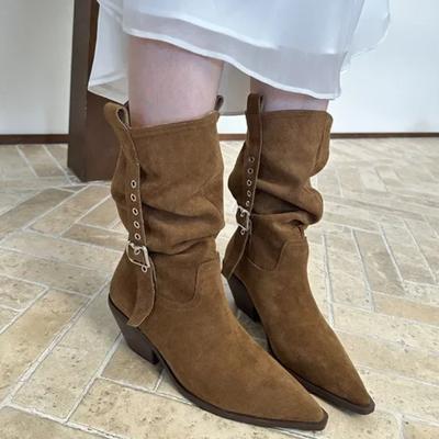 Fashion French Style Knee High Boots Women's Pointed Toe Medium Heel Fashion Boot Autumn Winter 2025 New Arrival Belt Buckle Design