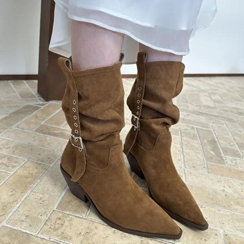 French Style Knee High Boots Women's Pointed Toe Medium Heel Boot Autumn Winter 2025 New Arrival Belt Buckle Design