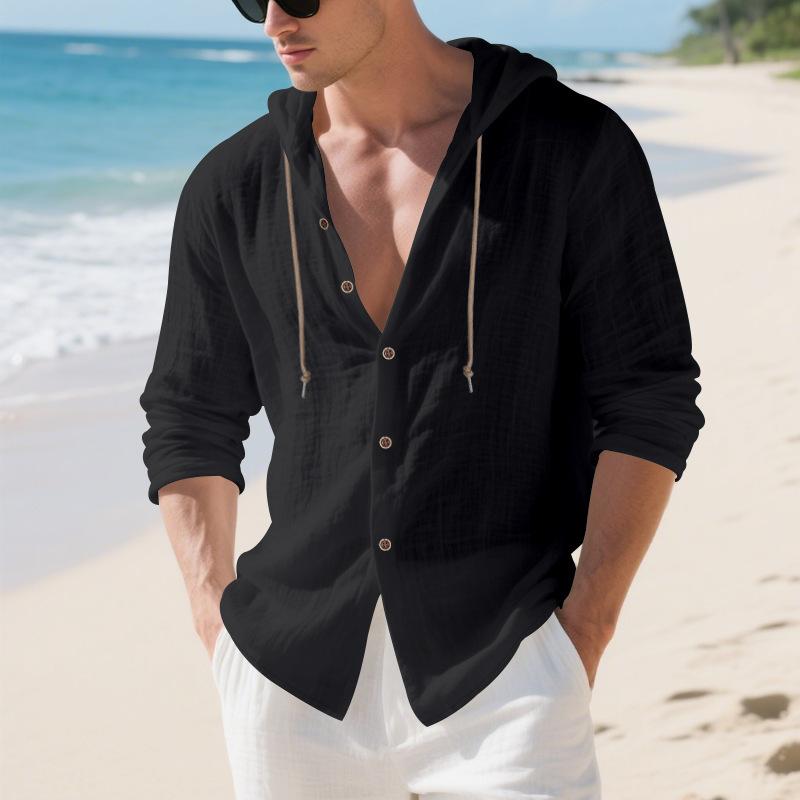 Oversized Shirt - Spring/Autumn Loose-Fit Solid-Colour Linen Men's Casual Long-Sleeved Hooded Cardigan