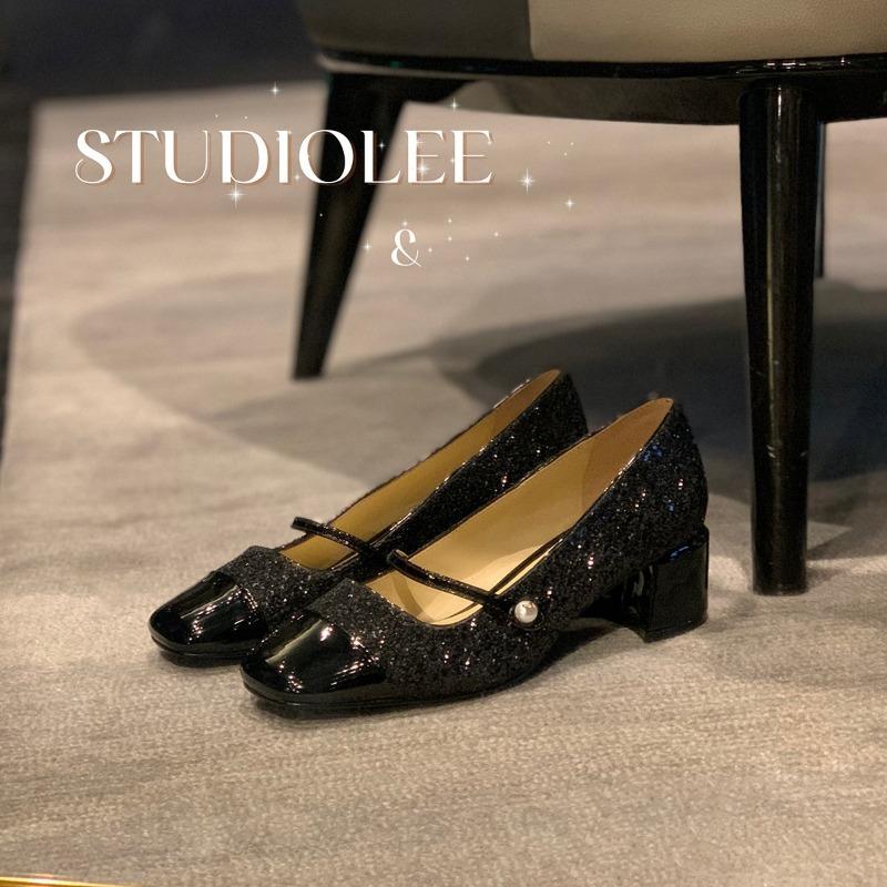 Sheepskin version~ Sparkling sequined square head with thick heel Mary Jane shoes women's single shoes