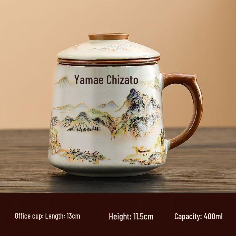 Blue and White Ceramic Office Mug with Tea and Water Separation, Large Capacity.