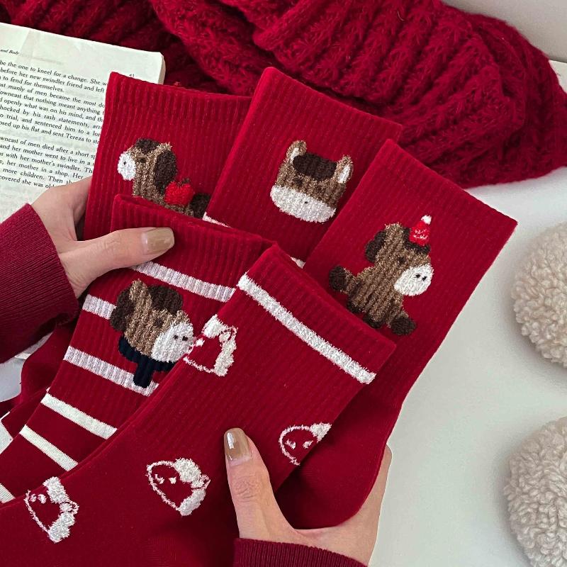 Red Color Women's Cotton Ankle Socks - Thick Soft Crew Socks For Cold Weather, Breathable & Warm