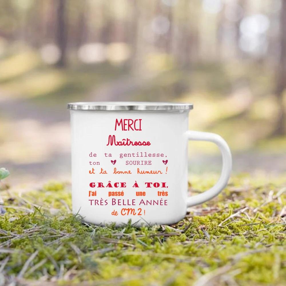 Merci Maitre & Maitresse Printed Enamel Mug Creative Coffee Cups Drink Dessert Milk Cup Mugs Handle Drinkware Gifts for Teacher