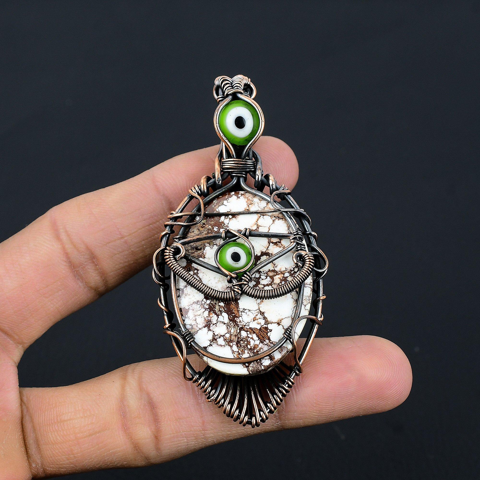 

Wild Horse & Green Evil Eye Pendant Gemstone Jewelry, 999 Copper Wire Wrapped Handmade Pendant, Latest Design Jewelry 2.88 Inches