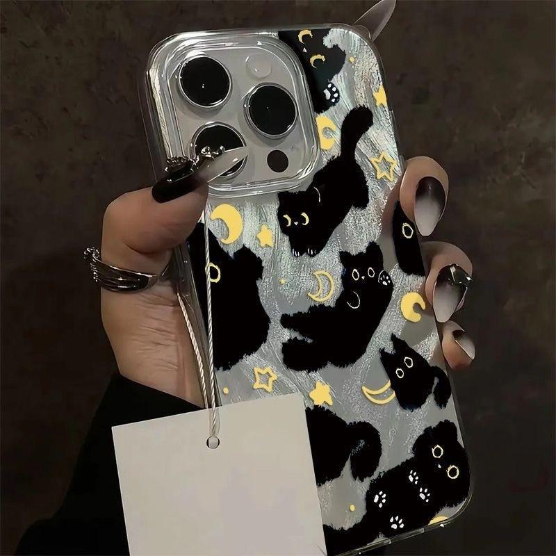 Cute Black Cat Phone Case For iPhone 17 Air Case iPhone17 16 15 11 12 13 14 Pro Max Plus Laser Silver Feather Texture Shockproof Cover