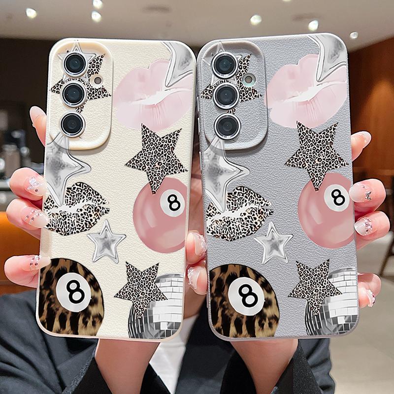 Vintage Leopard Print Stars Billiards Case For Samsung Galaxy S25 Edge S24 Ultra S23 S22 Plus S21 FE S26 Ultra Leather Texture Silicone Cover