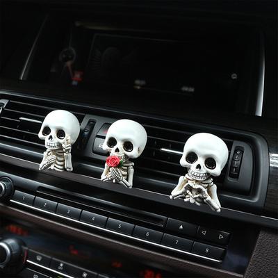 Clips d'aération pour voiture tête de mort Désodorisant Squelette effrayant Décoration Auto Halloween Clips d'aération longue durée Désodorisant tête de mort pour intérieur