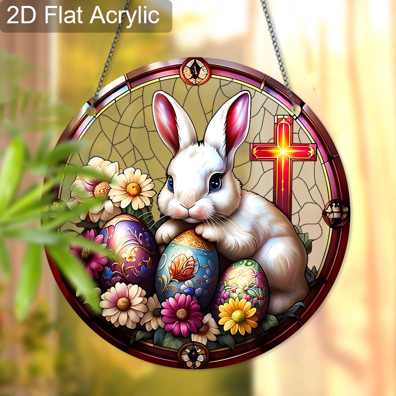 Acrylic Easter Bunny Cross Suncatcher Stained Glass Effect Window Hanging Ornament Easter Religious Gifts