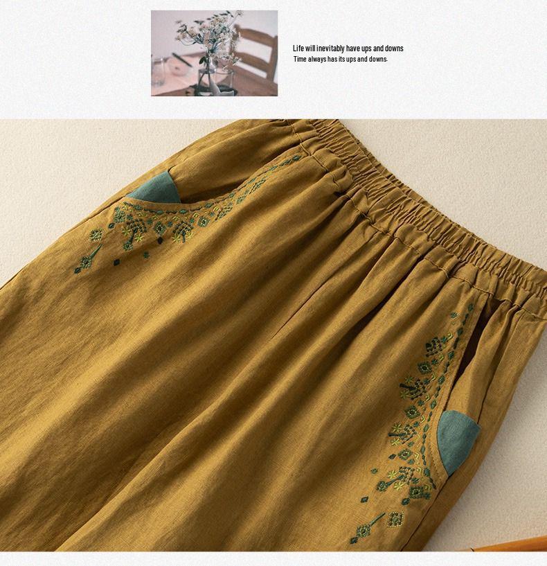 Women's Retro Embroidered Cotton-Linen Carrot Pants: 2024 Loose Harem Style for Spring, Summer, and Autumn